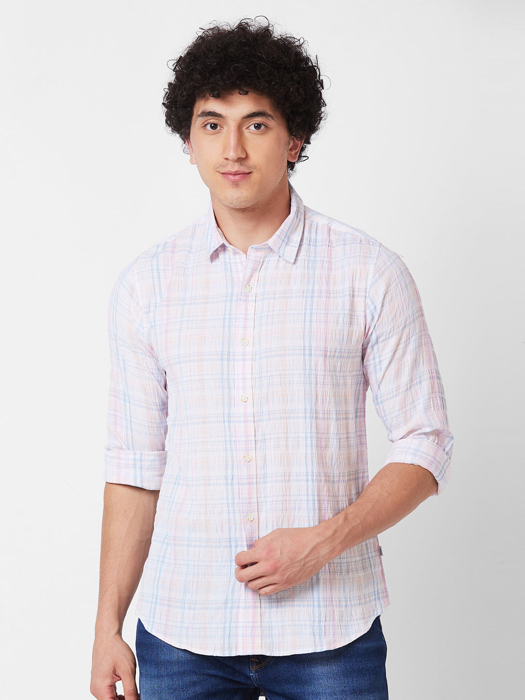 Spykar Pink CHECKED FULL SLEEVE Shirt For Men