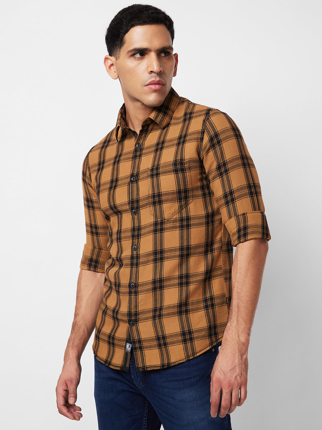 Spykar Khaki Checked Shirt For Men