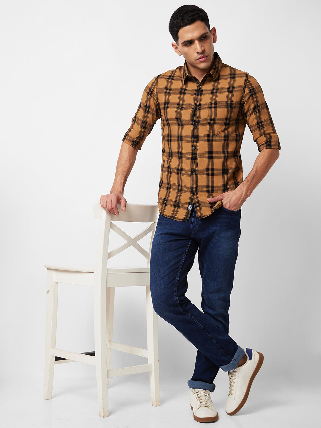 Spykar Khaki Checked Shirt For Men