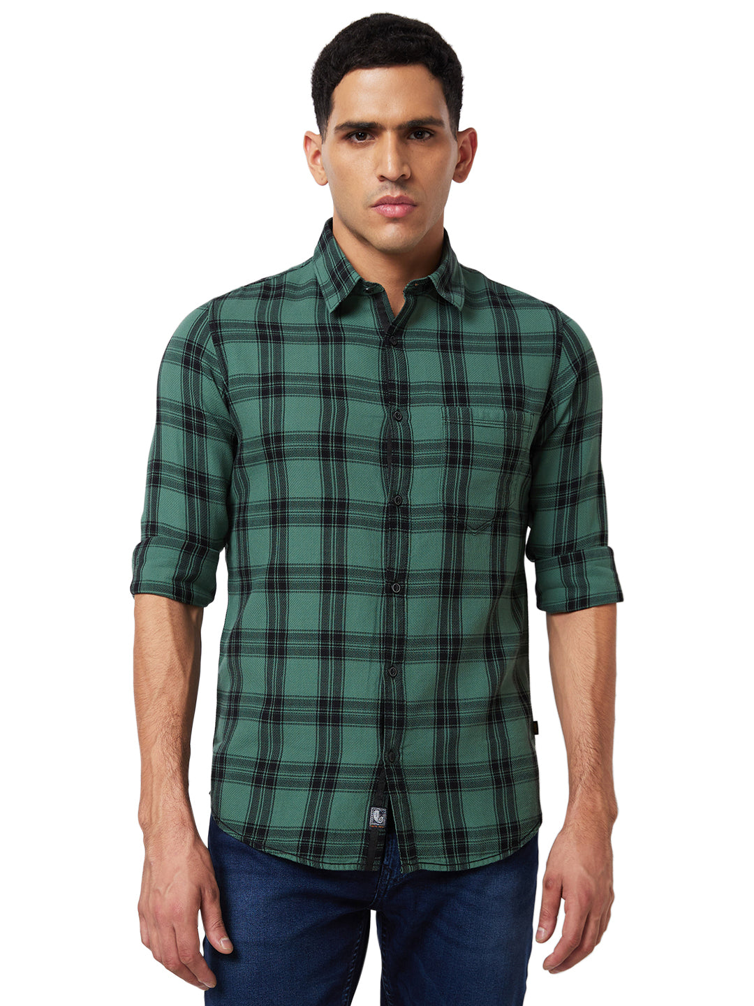 Spykar Green Checked Shirt For Men