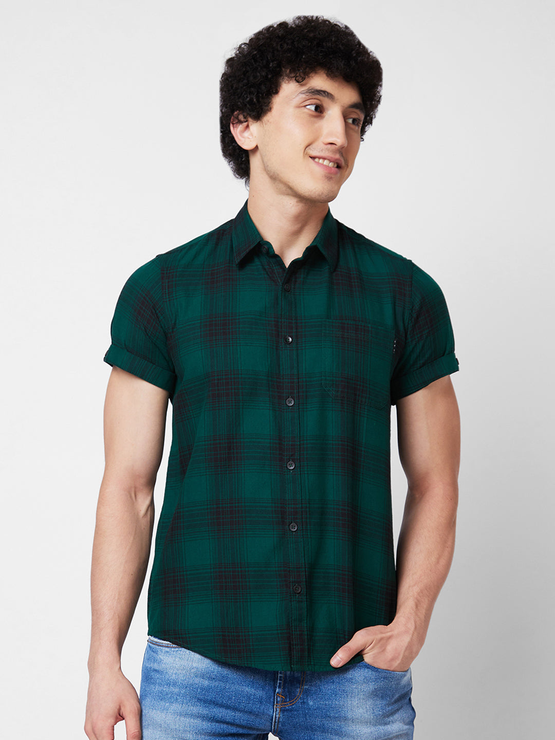 Spykar Green CHECKED HALF SLEEVE Shirt For Men