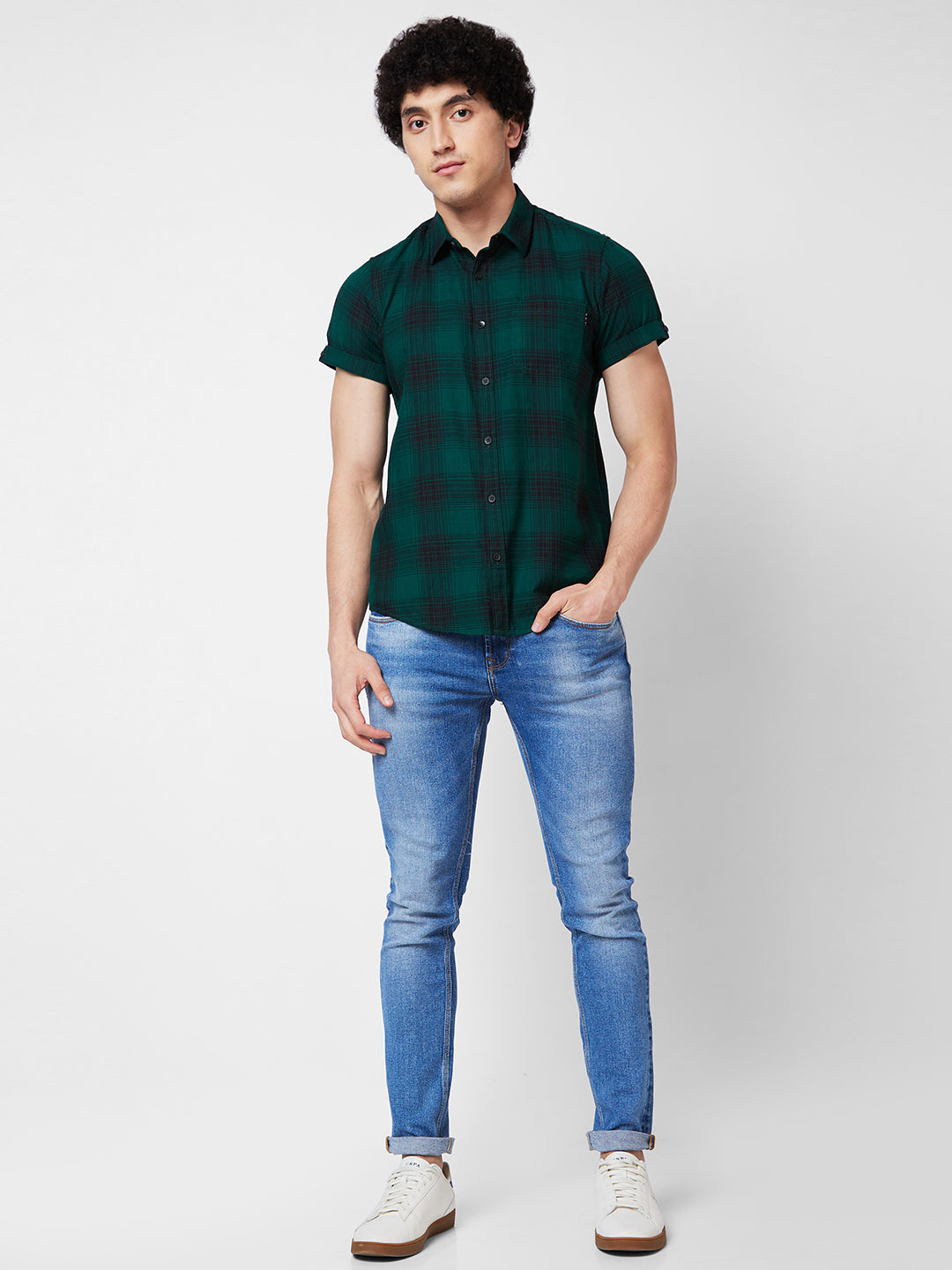 Spykar Green CHECKED HALF SLEEVE Shirt For Men