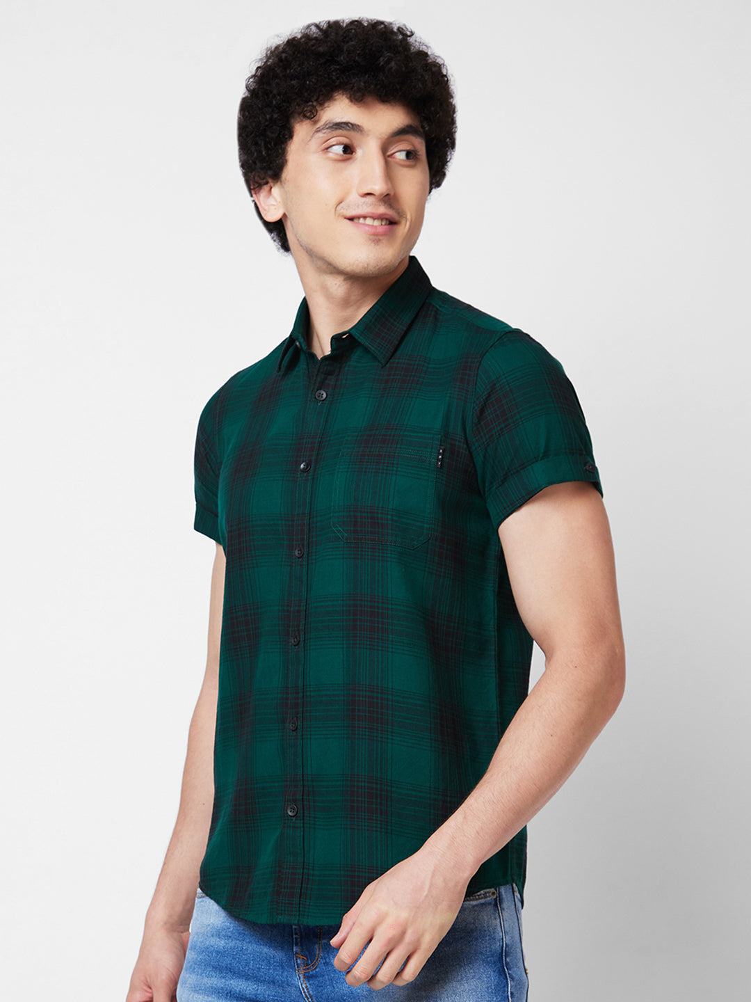 Spykar Green CHECKED HALF SLEEVE Shirt For Men