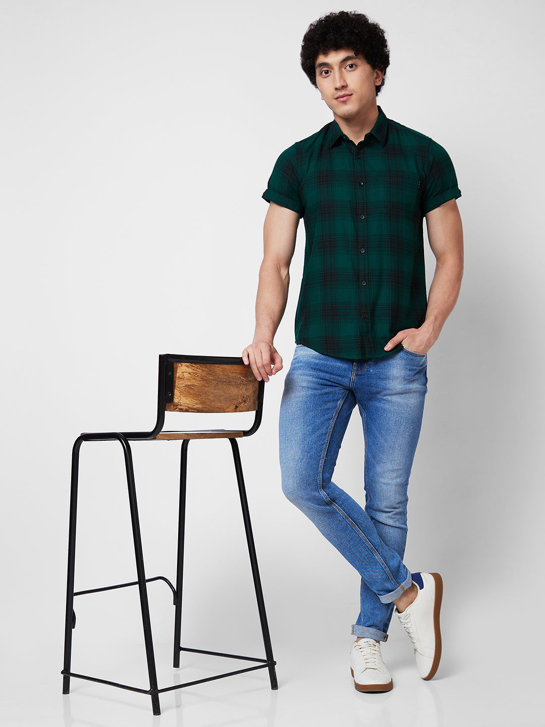 Spykar Green CHECKED HALF SLEEVE Shirt For Men