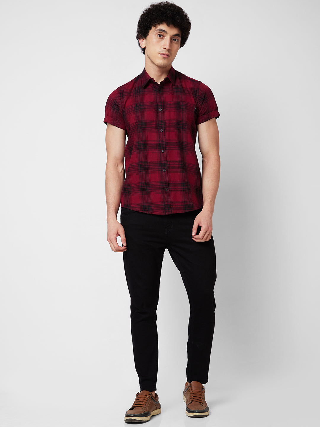 Spykar Red CHECKED HALF SLEEVE Shirt For Men