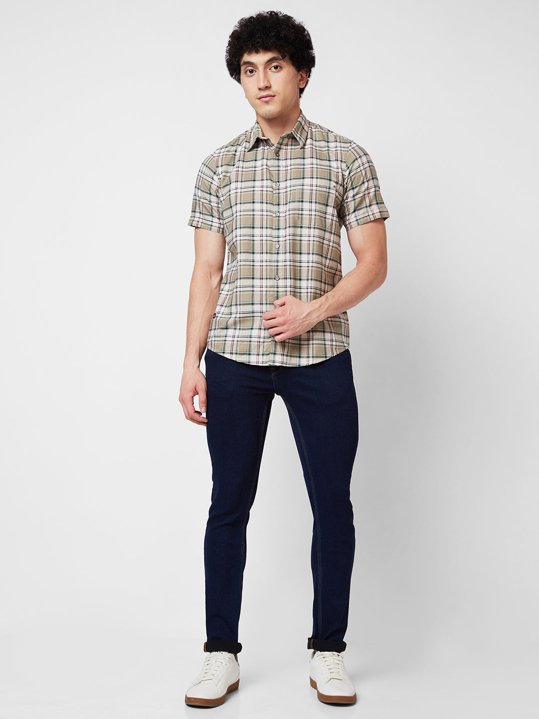 Spykar Green CHECKED HALF SLEEVE Shirt For Men