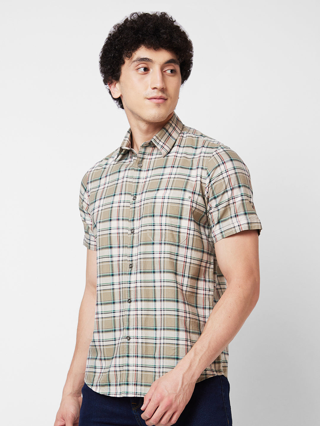 Spykar Green CHECKED HALF SLEEVE Shirt For Men