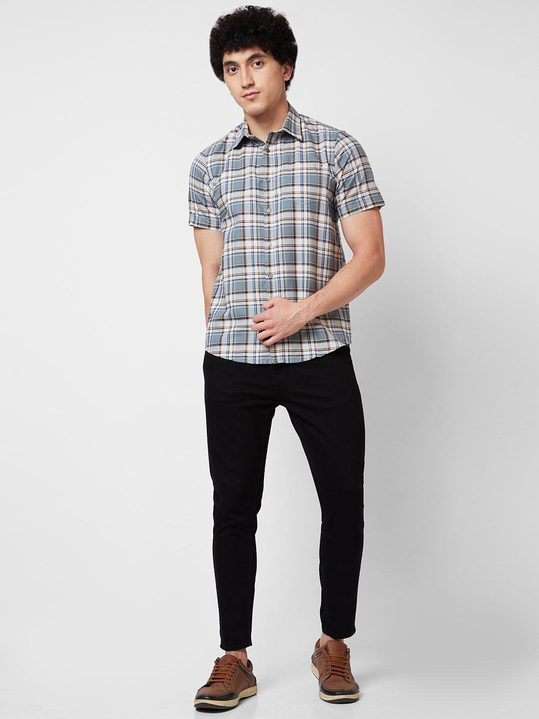 Spykar Grey CHECKED HALF SLEEVE Shirt For Men