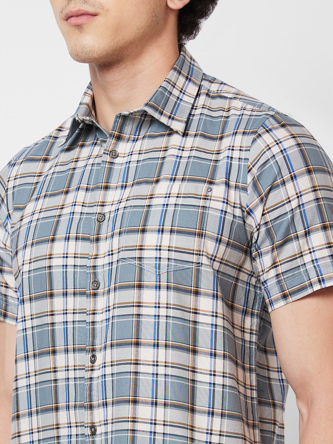 Spykar Grey CHECKED HALF SLEEVE Shirt For Men