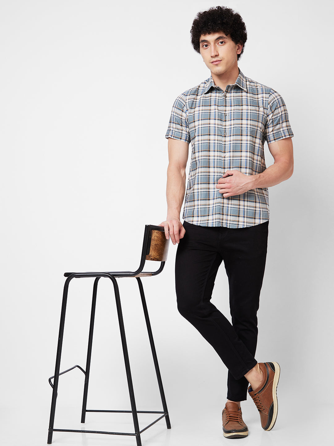 Spykar Grey CHECKED HALF SLEEVE Shirt For Men