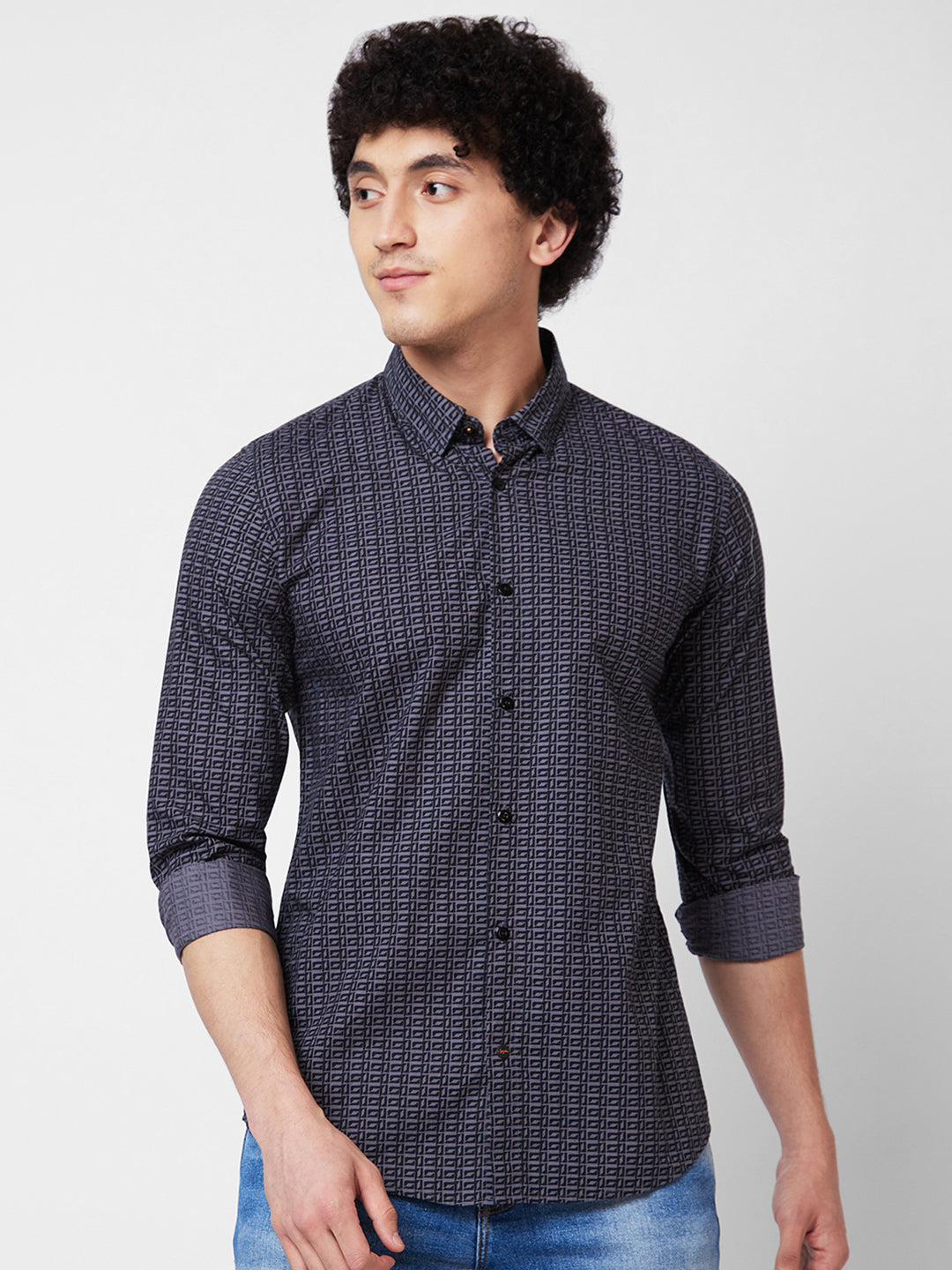 Spykar Grey PRINTED FULL SLEEVE Shirt For Men