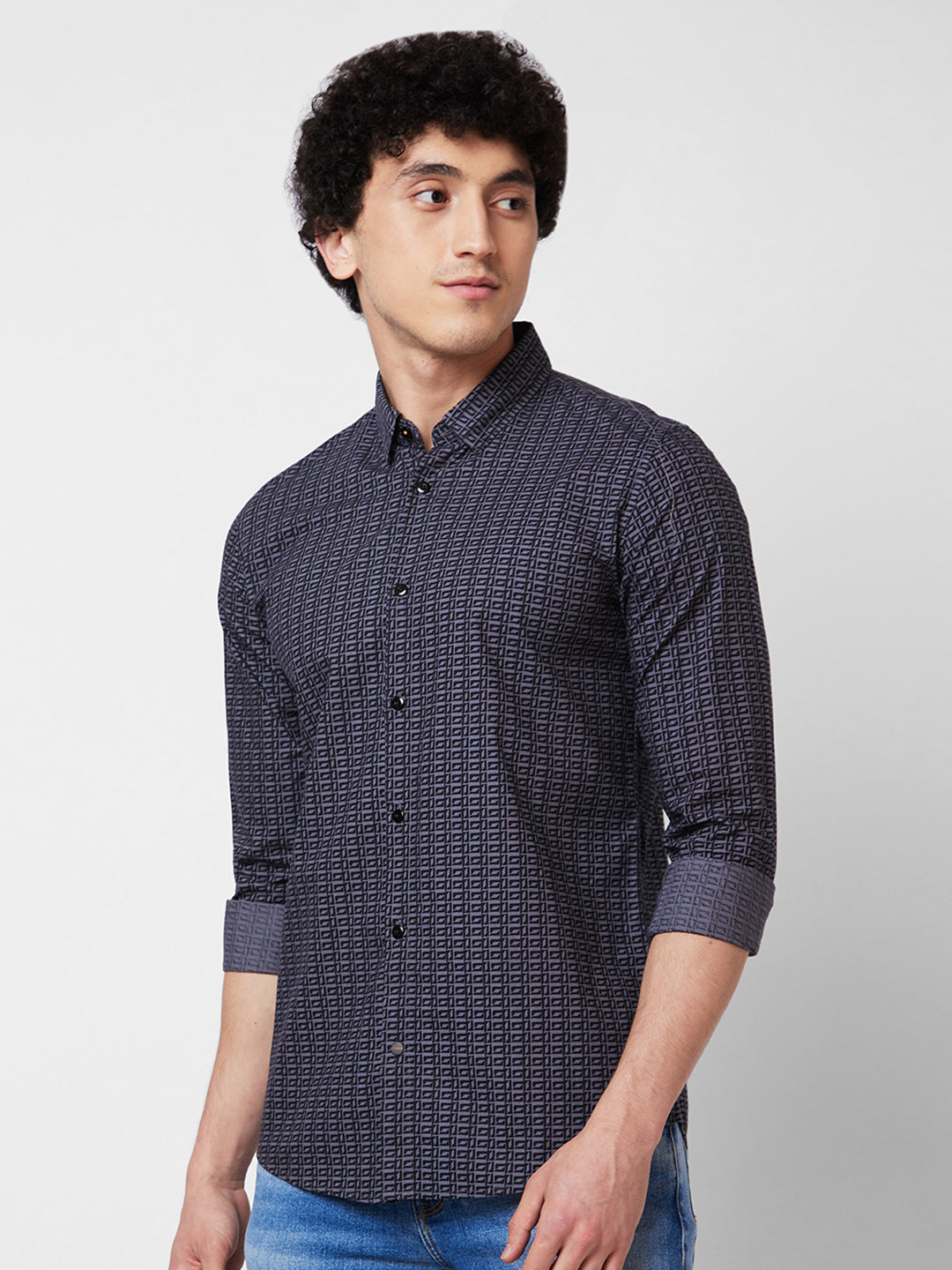 Spykar Grey PRINTED FULL SLEEVE Shirt For Men