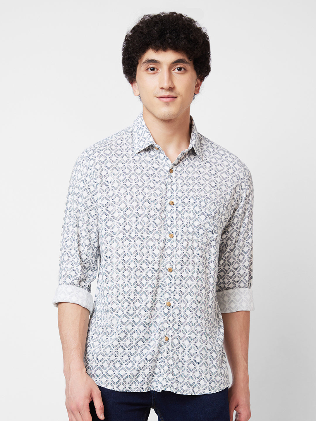 Spykar White PRINTED FULL SLEEVE Shirt For Men