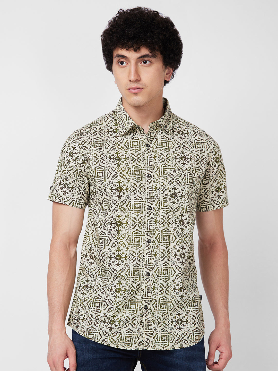 Spykar Green PRINTED HALF SLEEVE Shirt For Men