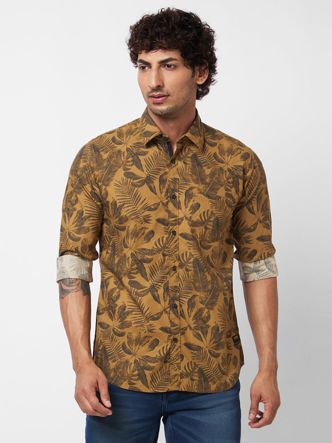 Spykar Khaki PRINTED FULL SLEEVE Shirt For Men