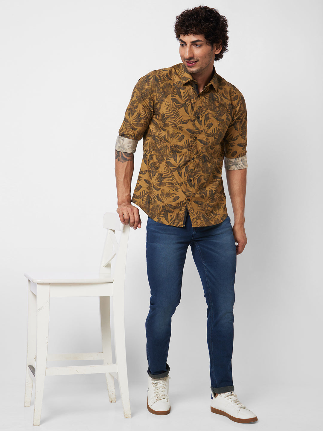 Spykar Khaki PRINTED FULL SLEEVE Shirt For Men