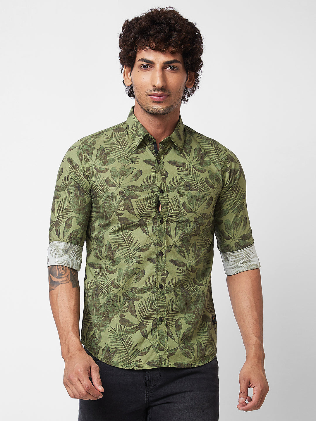 Spykar Green PRINTED FULL SLEEVE Shirt For Men