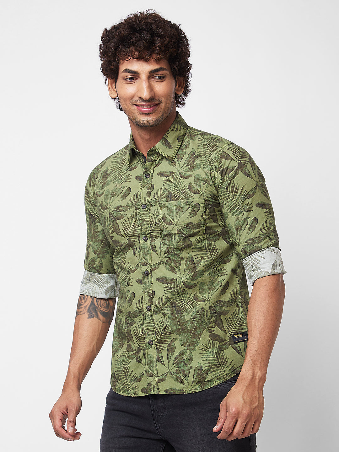 Spykar Green PRINTED FULL SLEEVE Shirt For Men