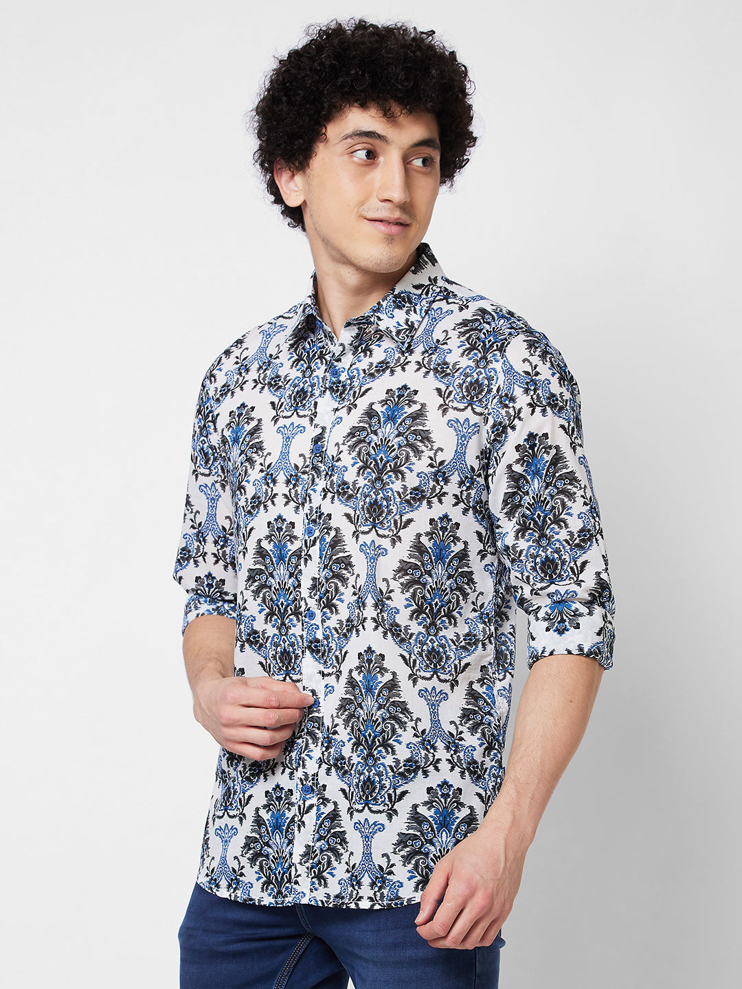 Spykar Blue PRINTED FULL SLEEVE Shirt For Men