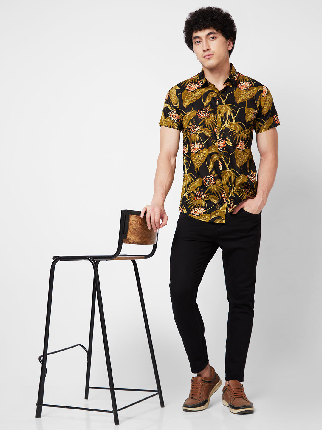 Spykar Khaki PRINTED HALF SLEEVE Shirt For Men