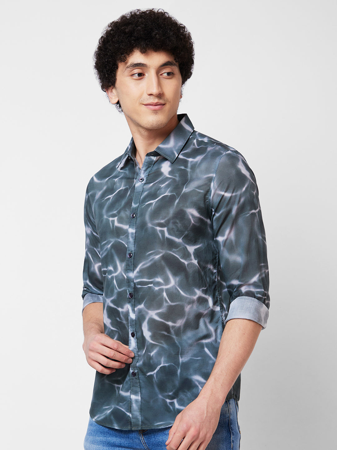 Spykar Grey PRINTED FULL SLEEVE Shirt For Men