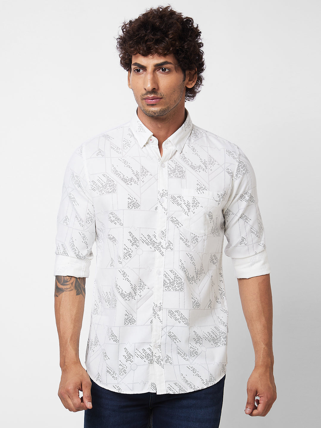 Spykar White PRINTED FULL SLEEVE Shirt For Men