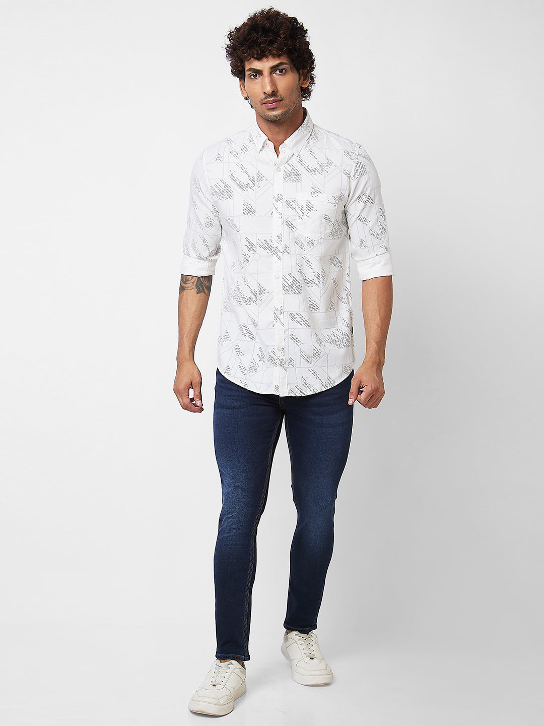 Spykar White PRINTED FULL SLEEVE Shirt For Men