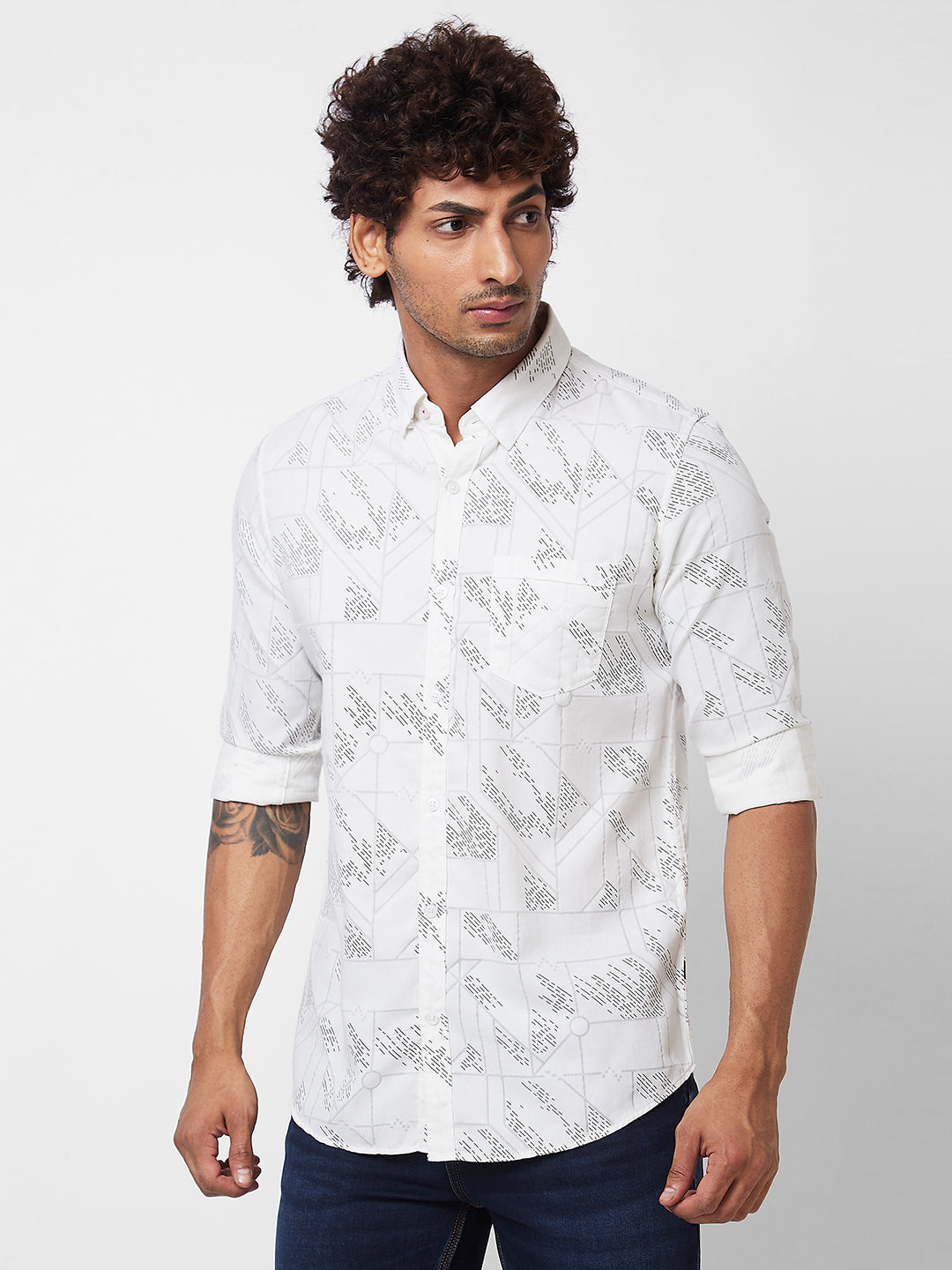 Spykar White PRINTED FULL SLEEVE Shirt For Men