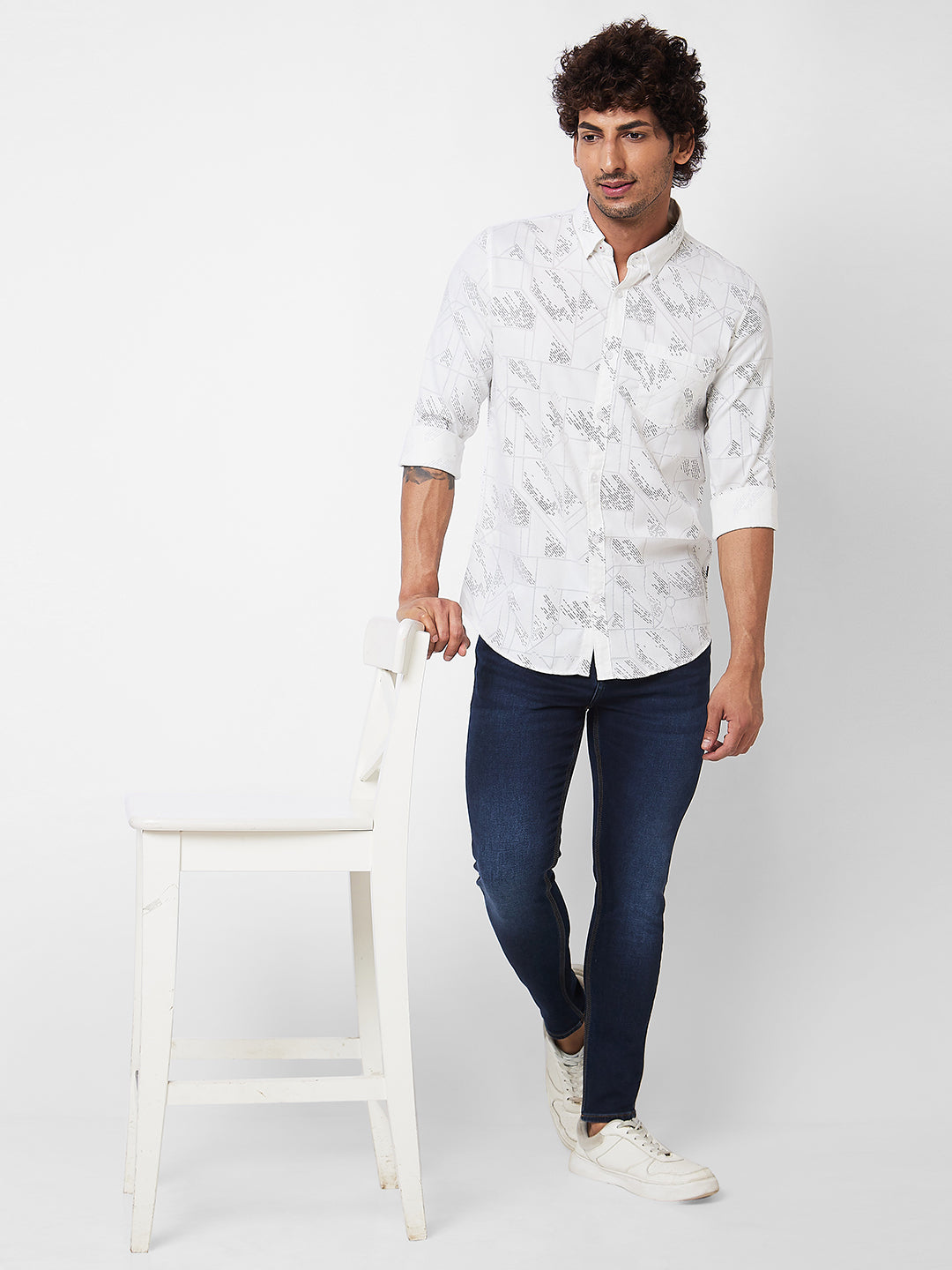 Spykar White PRINTED FULL SLEEVE Shirt For Men