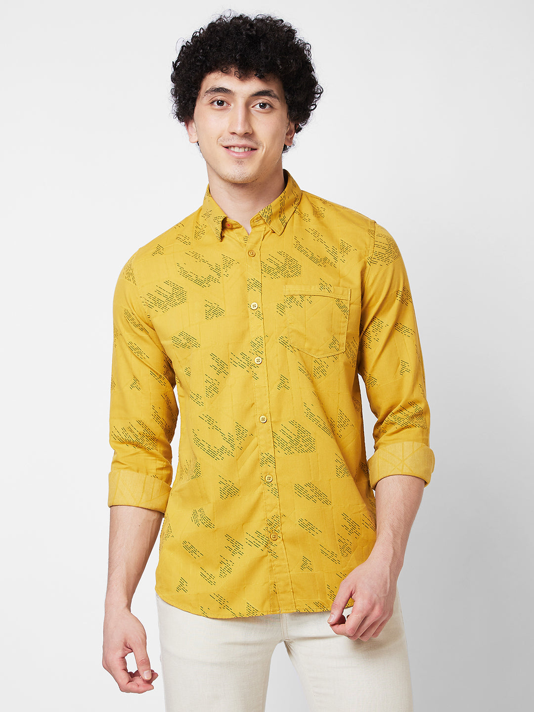 Spykar Yellow PRINTED FULL SLEEVE Shirt For Men