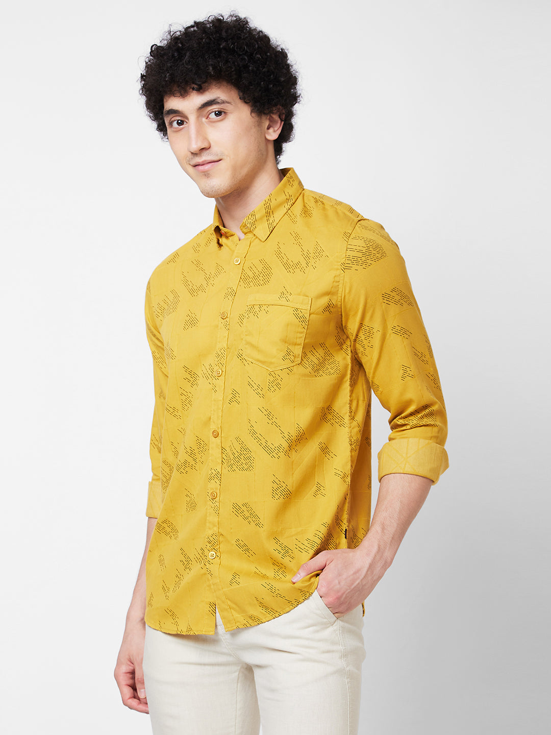 Spykar Yellow PRINTED FULL SLEEVE Shirt For Men