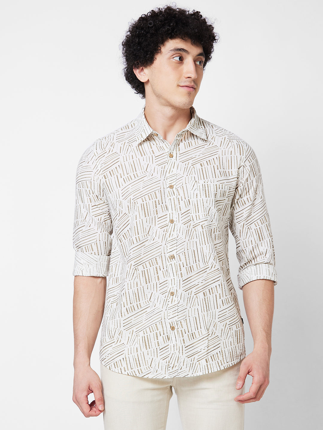 Spykar Khaki PRINTED FULL SLEEVE Shirt For Men