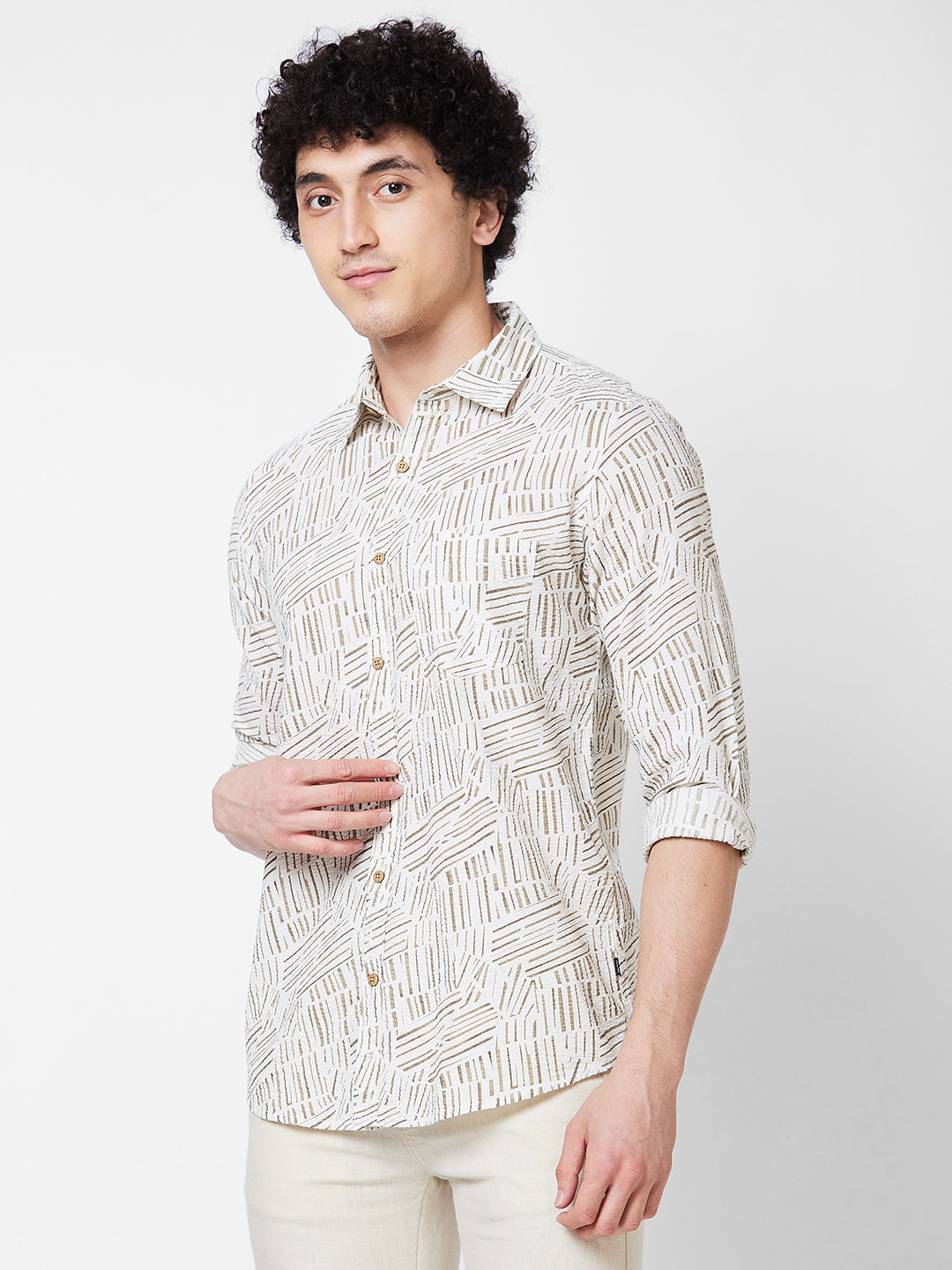 Spykar Khaki PRINTED FULL SLEEVE Shirt For Men