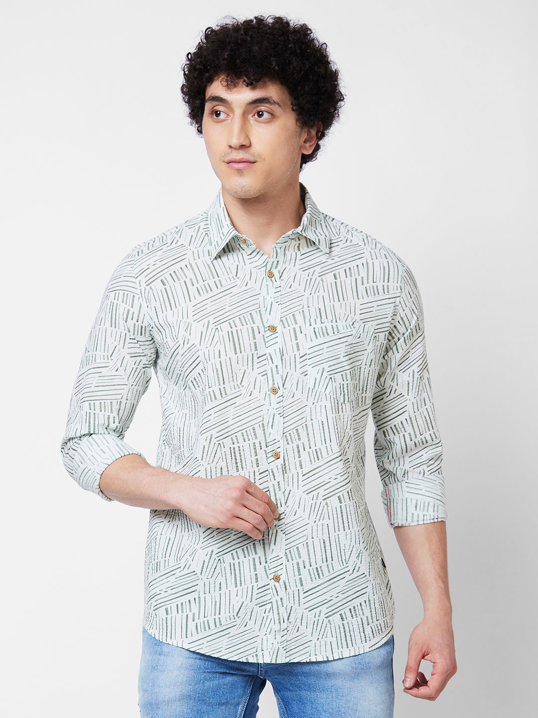 Spykar Green PRINTED FULL SLEEVE Shirt For Men