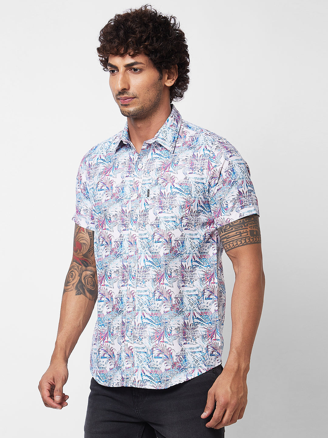 Spykar Blue PRINTED HALF SLEEVE Shirt For Men