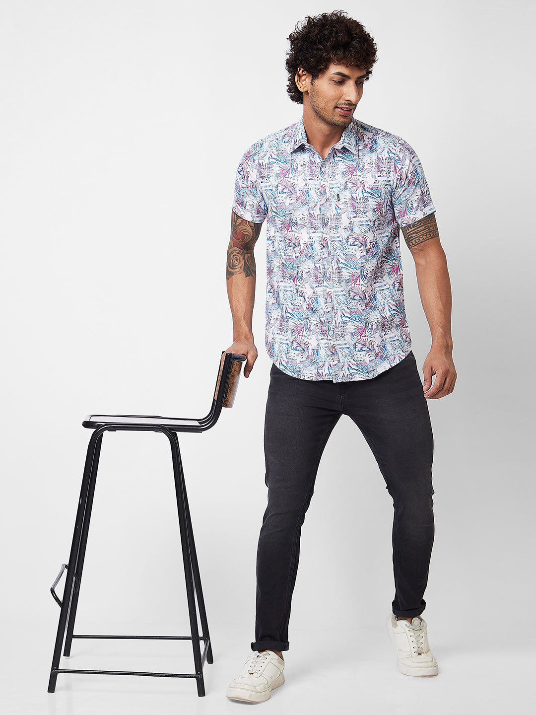 Spykar Blue PRINTED HALF SLEEVE Shirt For Men