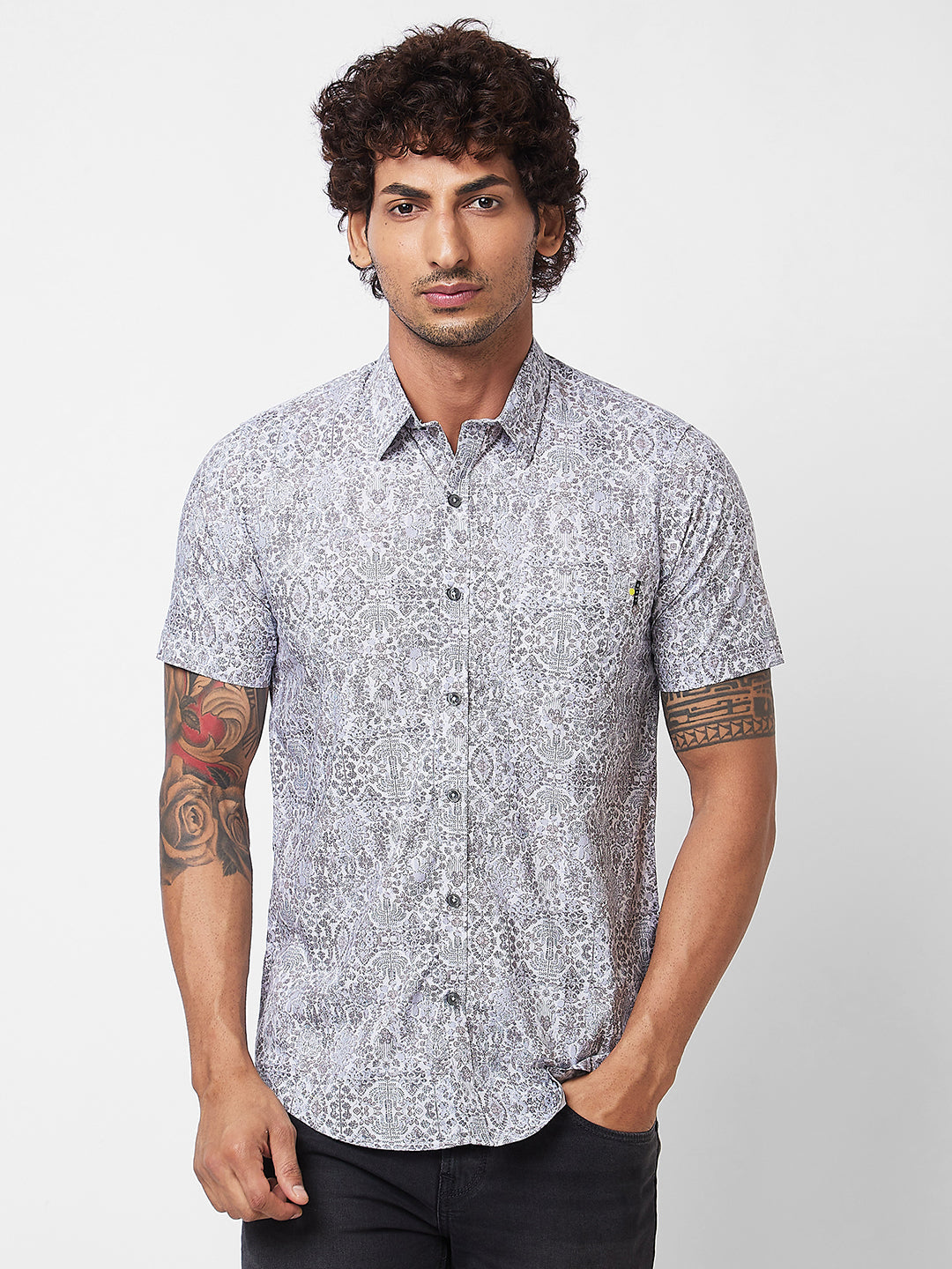 Spykar Grey PRINTED HALF SLEEVE Shirt For Men