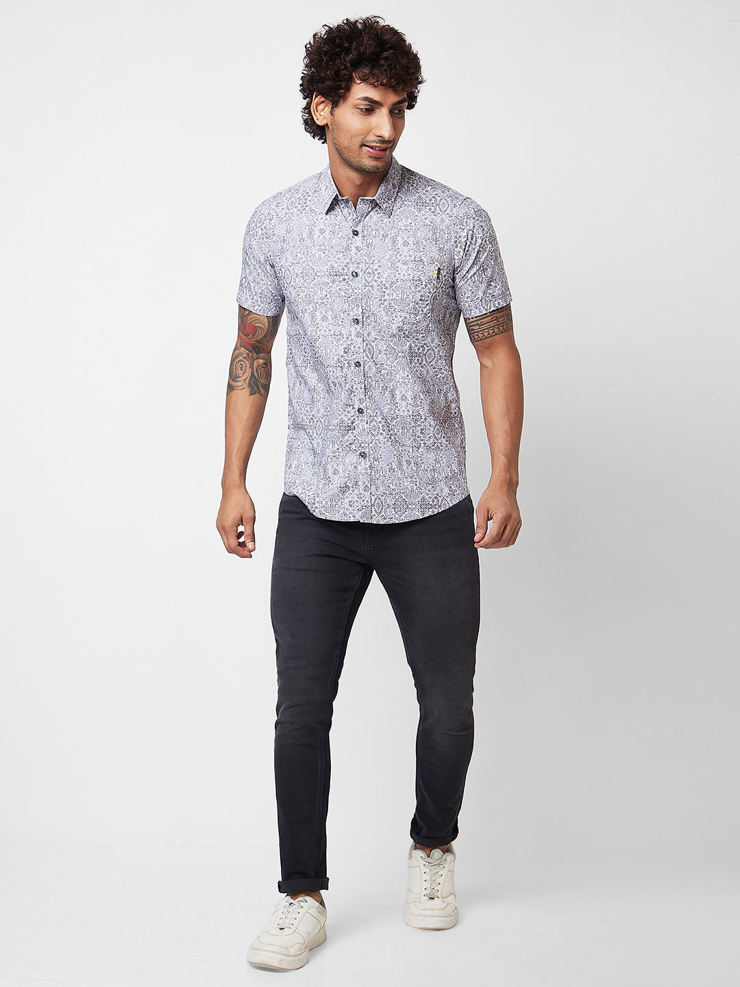 Spykar Grey PRINTED HALF SLEEVE Shirt For Men