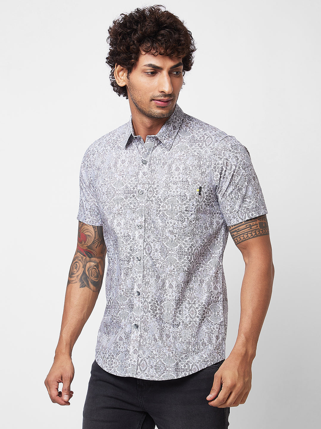 Spykar Grey PRINTED HALF SLEEVE Shirt For Men