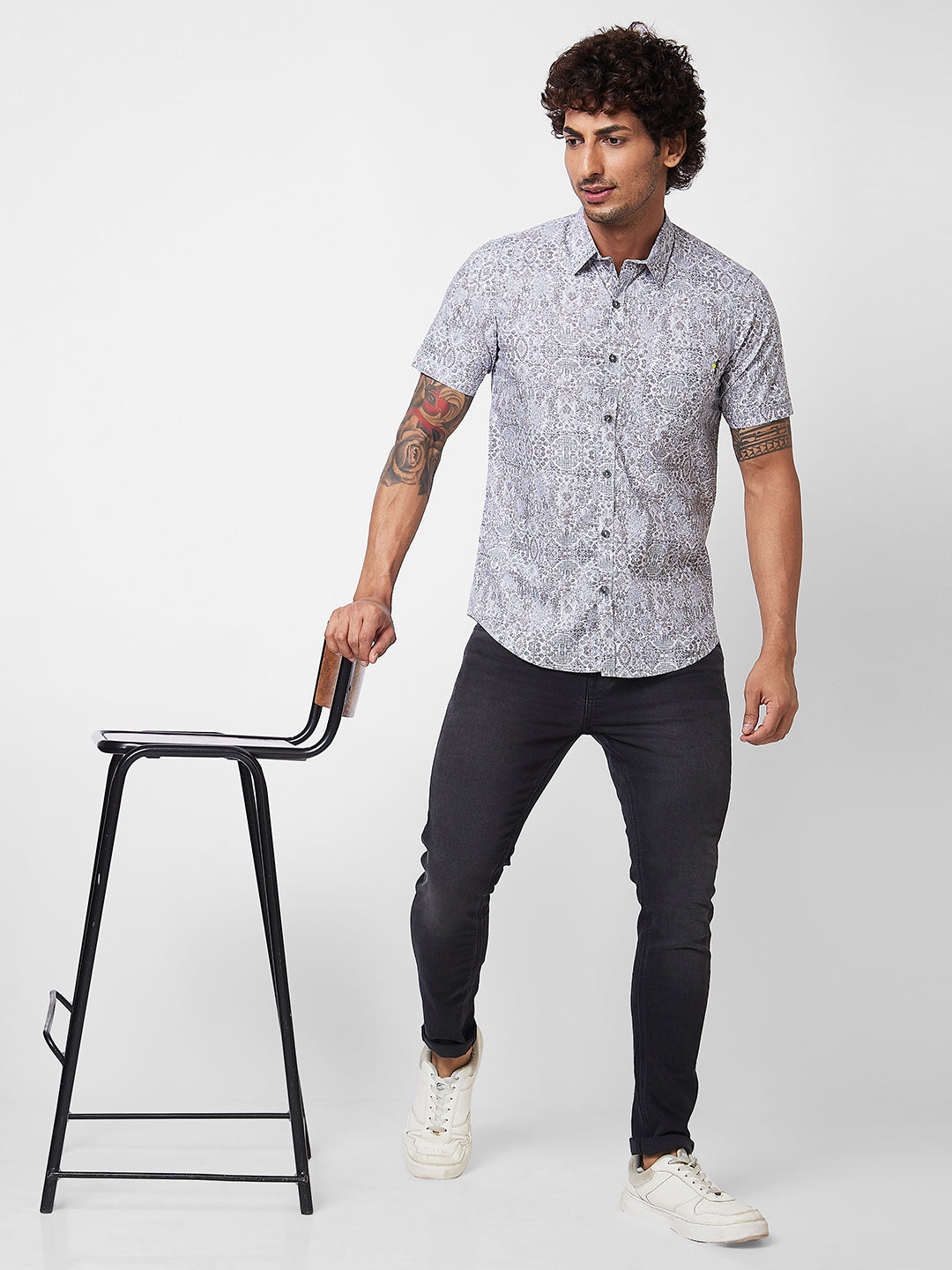 Spykar Grey PRINTED HALF SLEEVE Shirt For Men