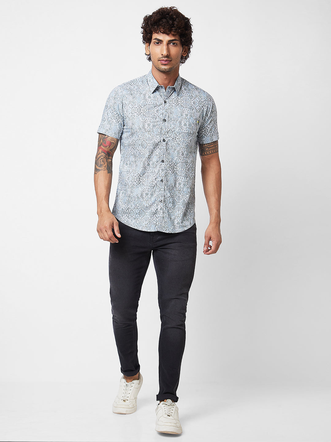 Spykar Grey PRINTED HALF SLEEVE Shirt For Men