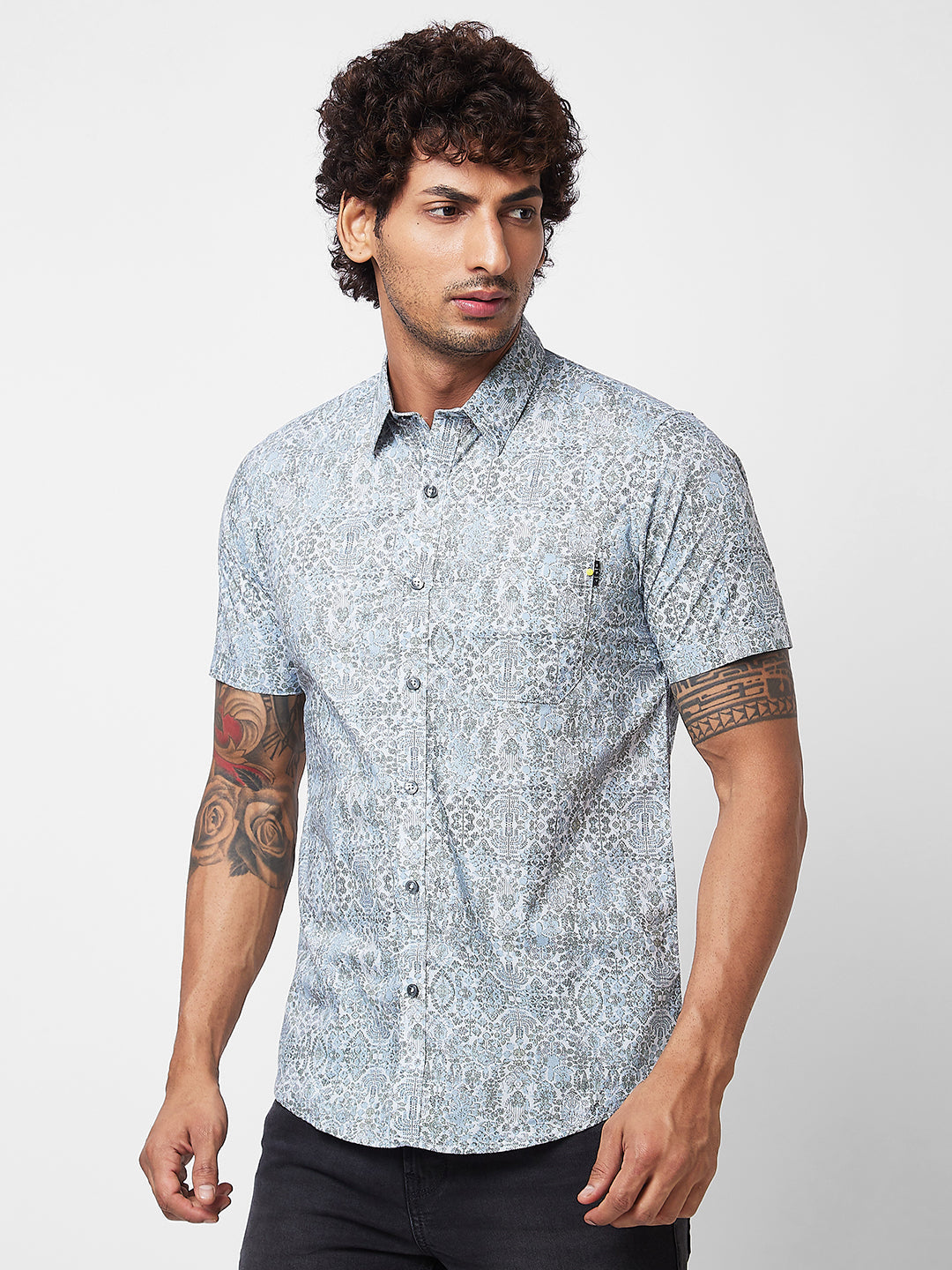 Spykar Grey PRINTED HALF SLEEVE Shirt For Men