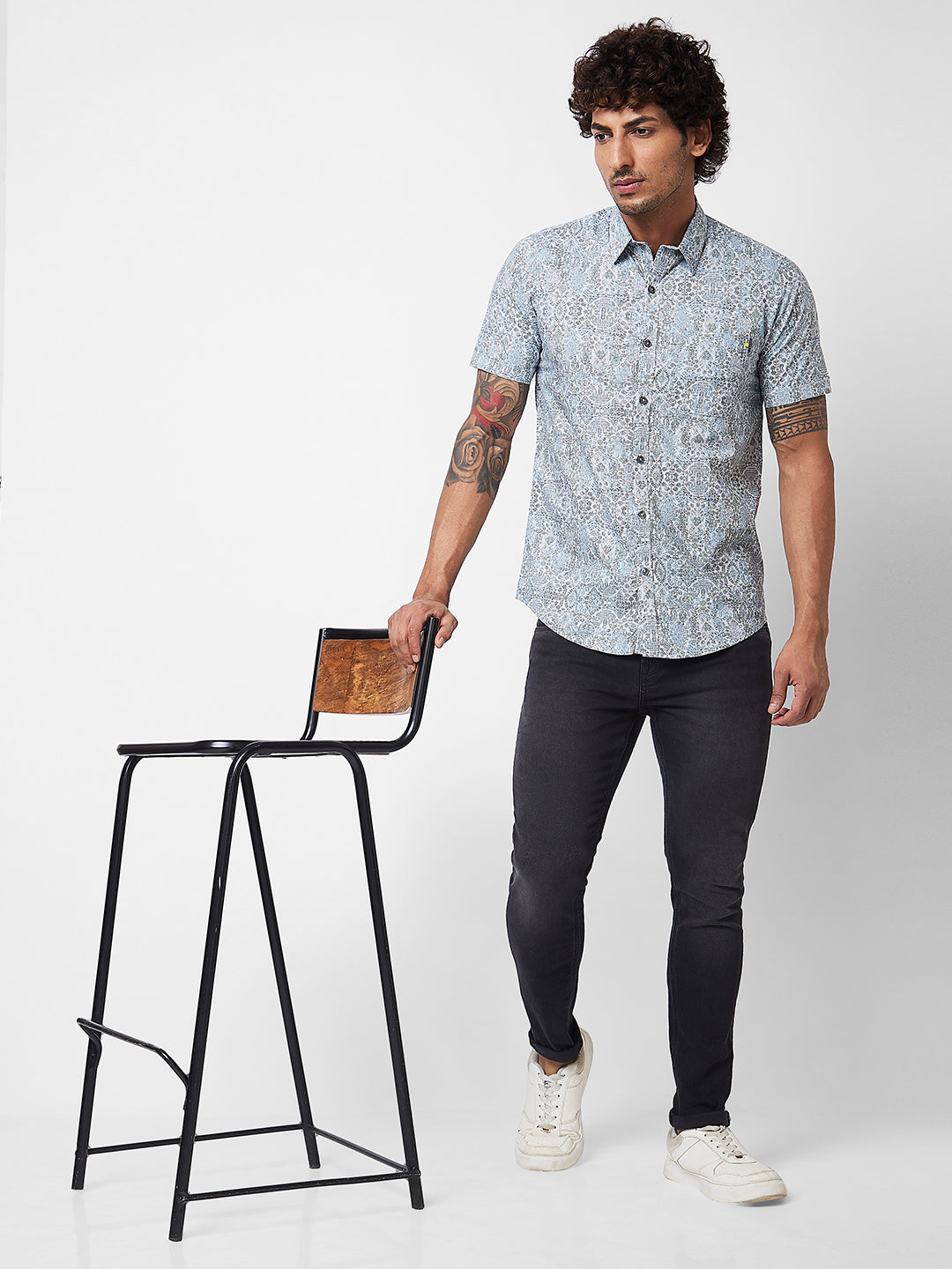 Spykar Grey PRINTED HALF SLEEVE Shirt For Men