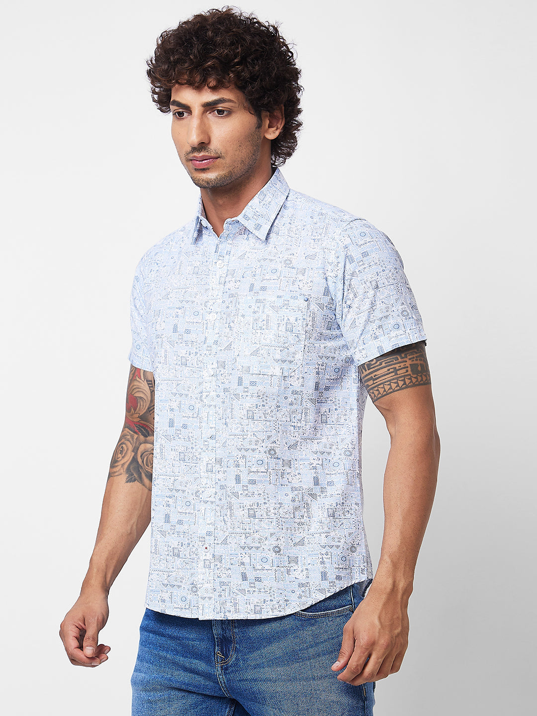 Spykar Blue PRINTED HALF SLEEVE Shirt For Men