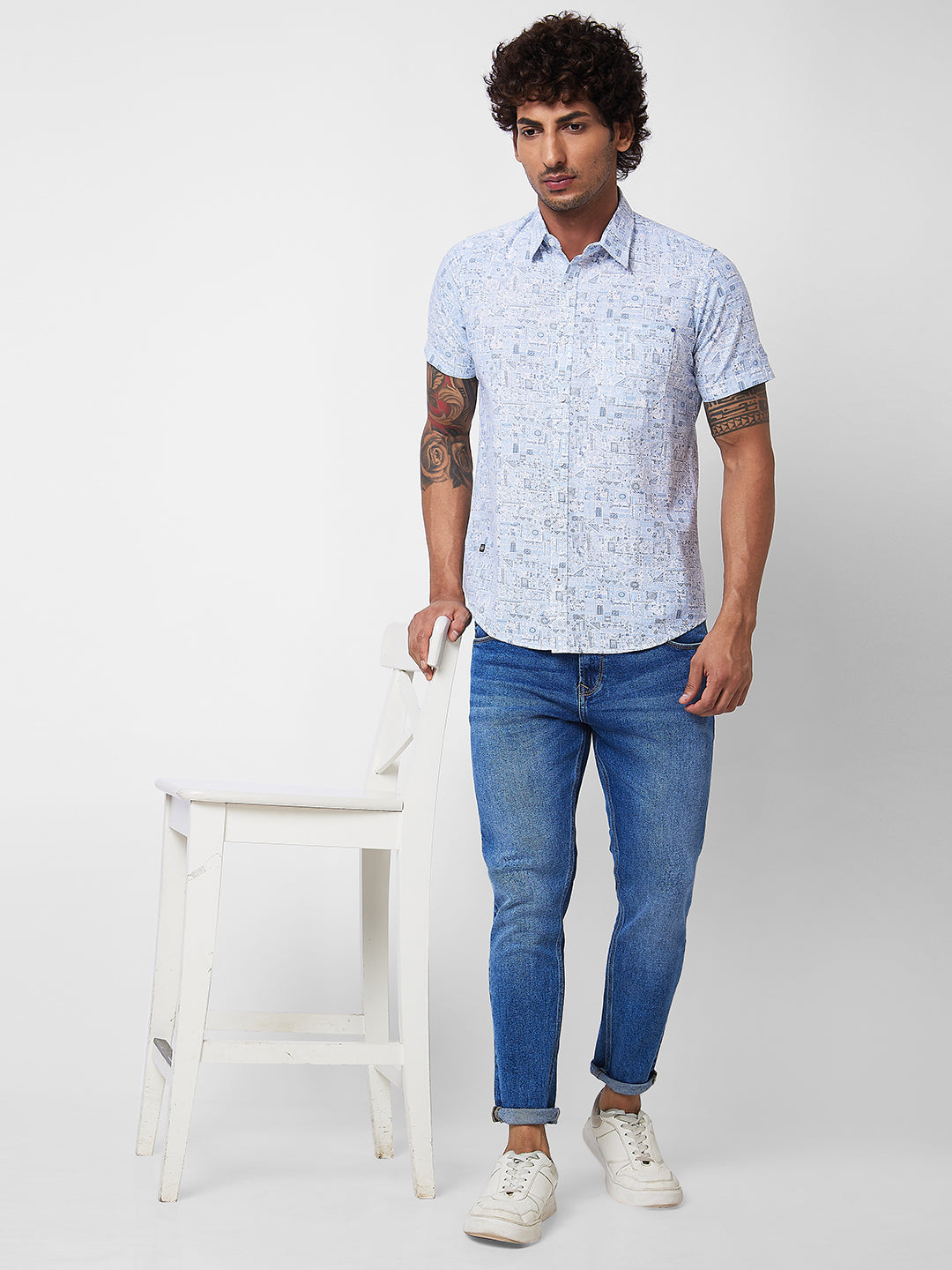 Spykar Blue PRINTED HALF SLEEVE Shirt For Men