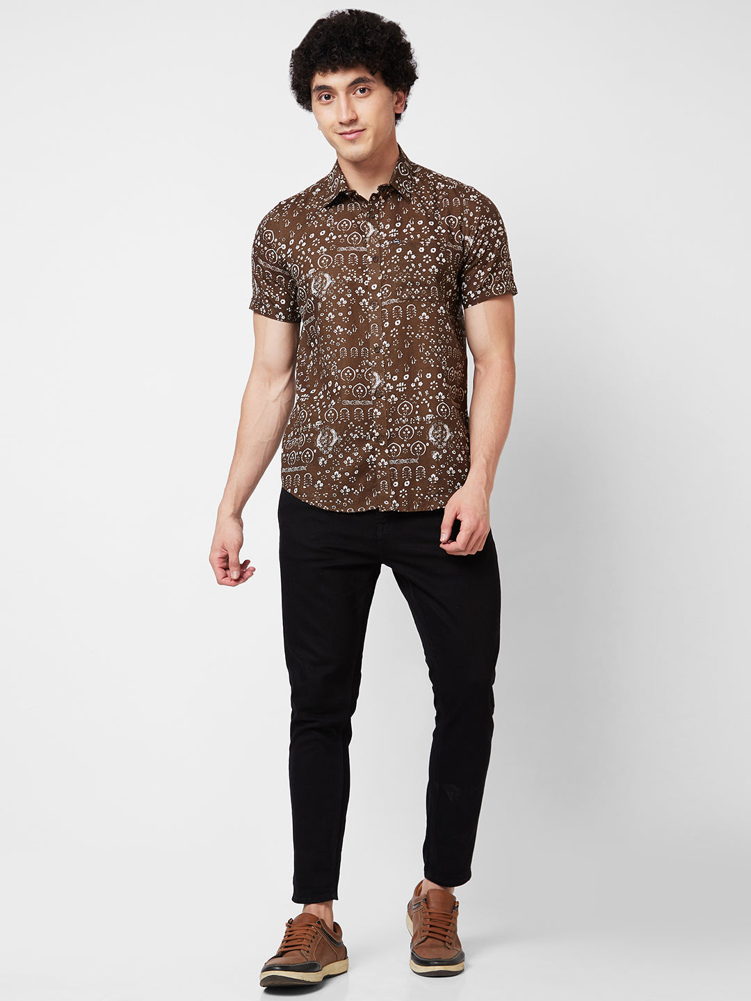 Spykar Brown PRINTED HALF SLEEVE Shirt For Men