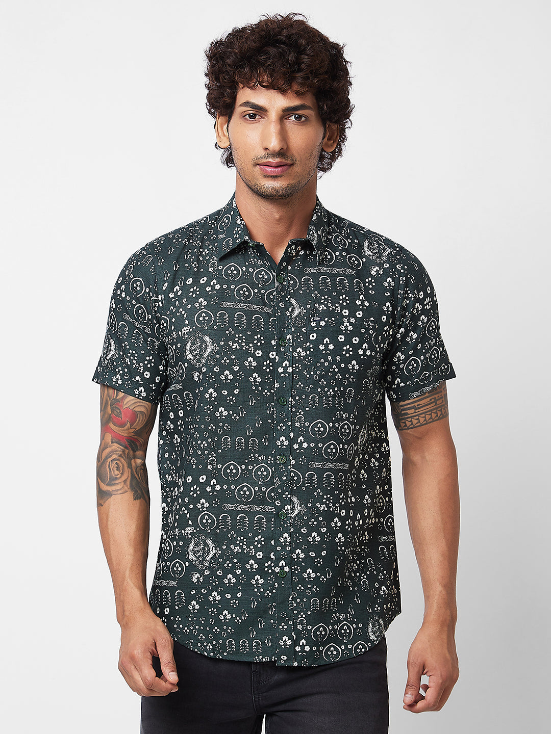 Spykar Green PRINTED HALF SLEEVE Shirt For Men