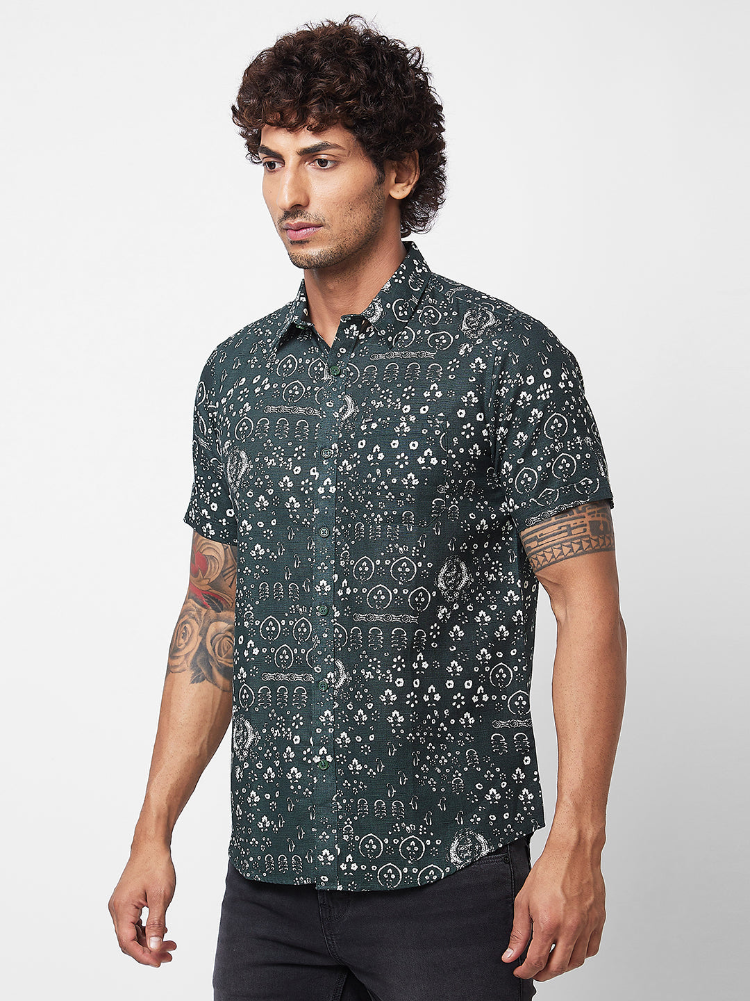 Spykar Green PRINTED HALF SLEEVE Shirt For Men