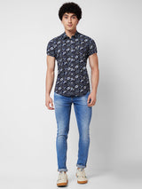 Spykar Blue PRINTED HALF SLEEVE Shirt For Men