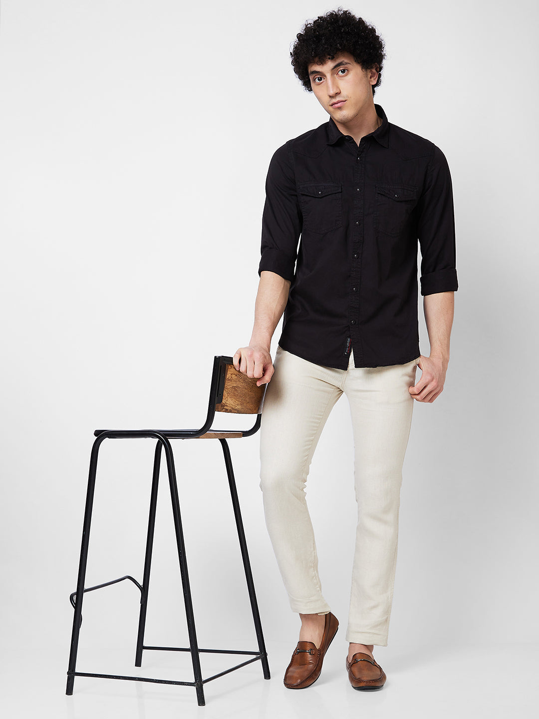 Spykar Black SOLID FULL SLEEVE Shirt For Men